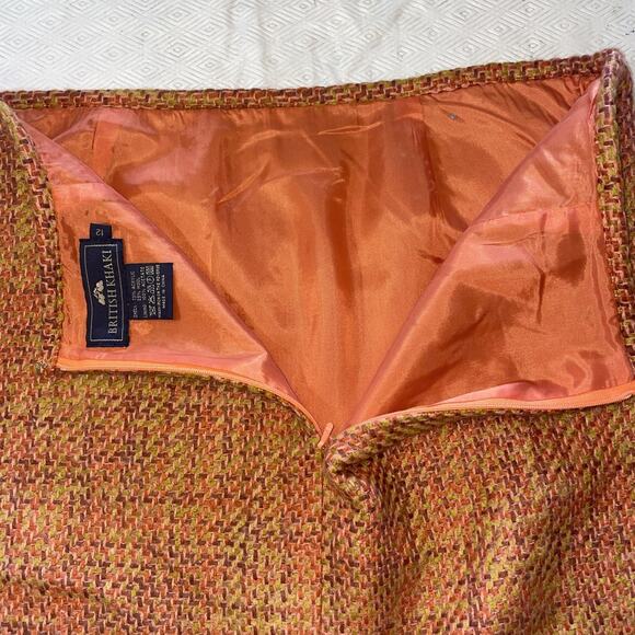 British Khaki Orange Purple Lime Tweed Lined Knee Length Pencil Skirt Size 12 - Picture 8 of 13